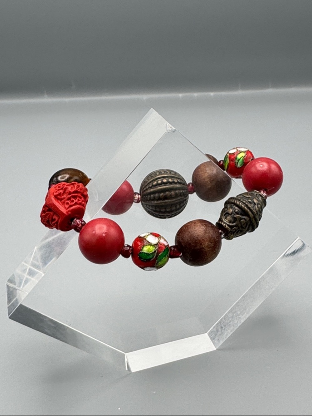 Red Bead & Wood Bracelet with Decorative Accents